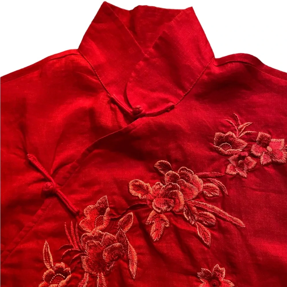 Coral/red Japanese style blouse looks like linen with beautiful embroide… - Picture 9 of 12